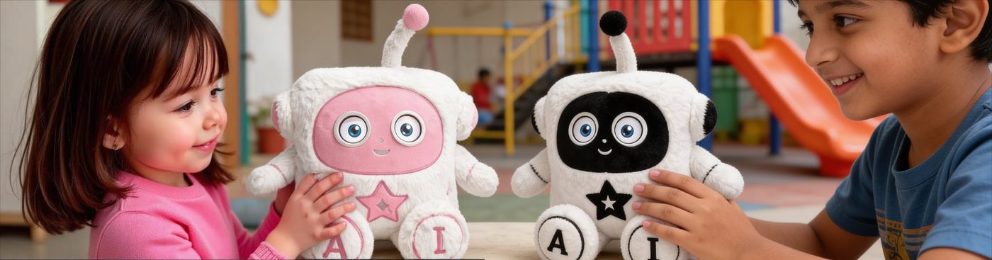 Two children smiling as they play with AIVY Rose and AIVY Cosmos plush robots