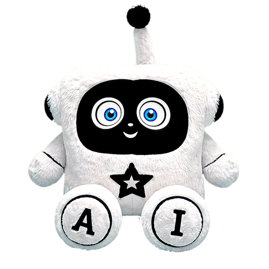 AIVY Cosmos — white plush AI robot with a black screen face and blue eyes