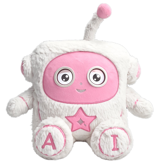 AIVY Rose — white plush AI robot with a pink screen face and antenna